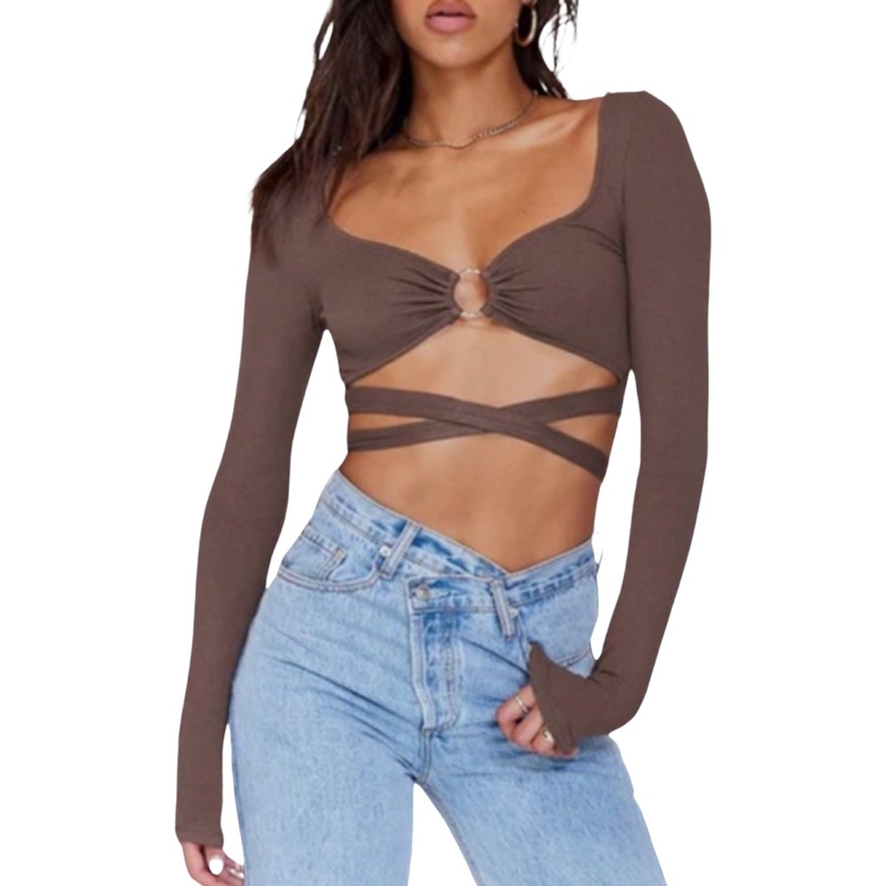 Princess Polly Long Sleeved Crop Straps Brown Size 4